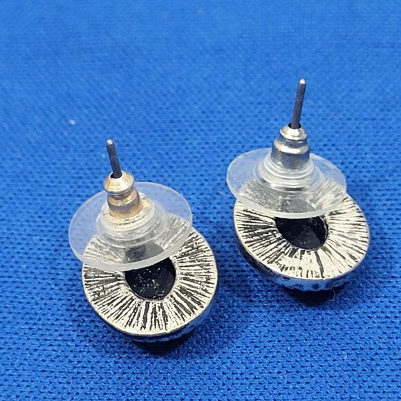 Oval Black Cabochon Earrings With Silver-Tone Rope Trim Detail Western Style - Picture 3 of 4